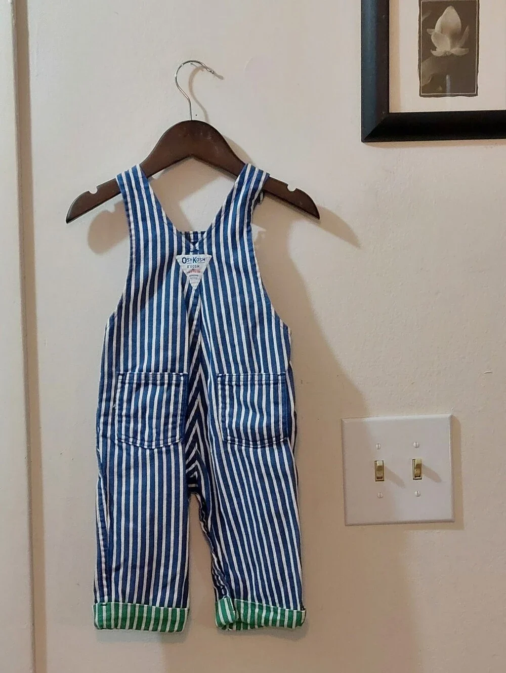 Vintage OshKosh B'gosh Made In USA Blue Stripe Kids Overalls Size 6-9 Months
